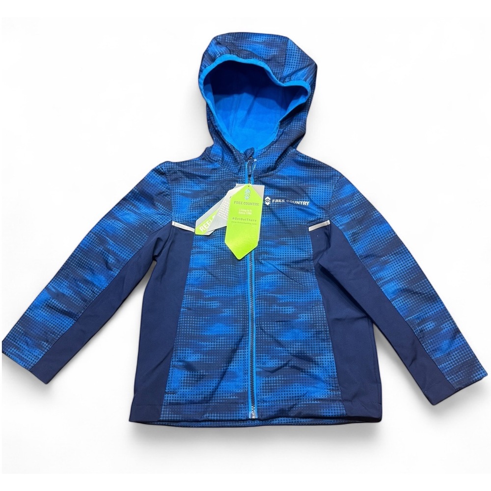 NWT Free Country Kids Boys Blue Camo Hooded Zip Up Jacket Sizeโ XS 4-5